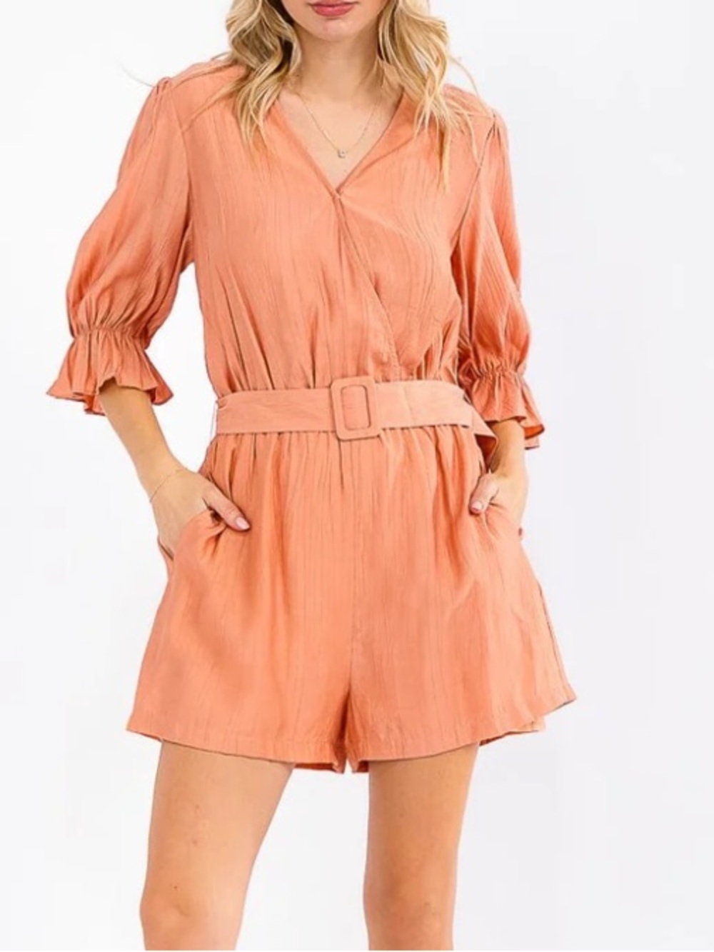 Surplice Belted Romper Ruffle Elblow Sleeve Pockets Boho Work Resort